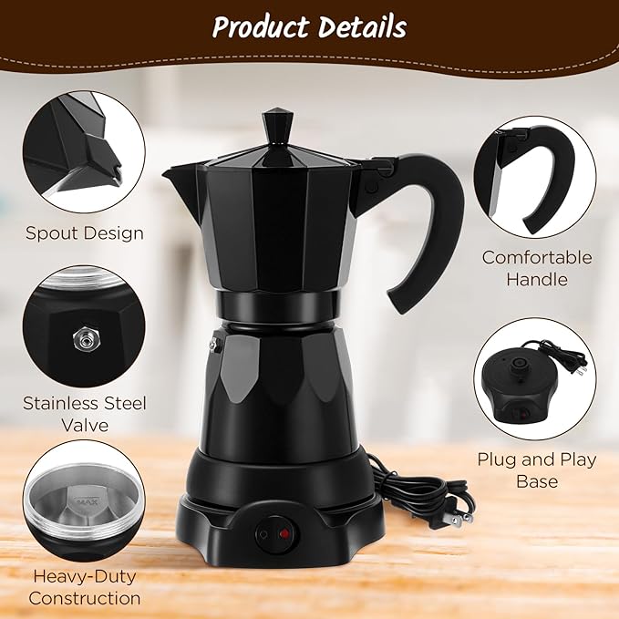 Coffee Pot 6 Cup Electric Espresso Coffee Maker Italian Moka Maker 300ml Portable Aluminum Espresso Machine Cafetera Moka Pot with Detachable Base, Gift for Home Travel(Black)