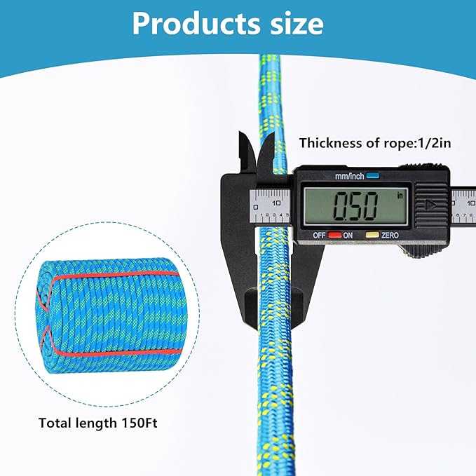 Arborist Rigging Rope - Blue 1/2 in x 150 Ft Static Bull Rope for Climbing Tree Felling Pulling Various Outdoor Applications Construction Swing Sailing