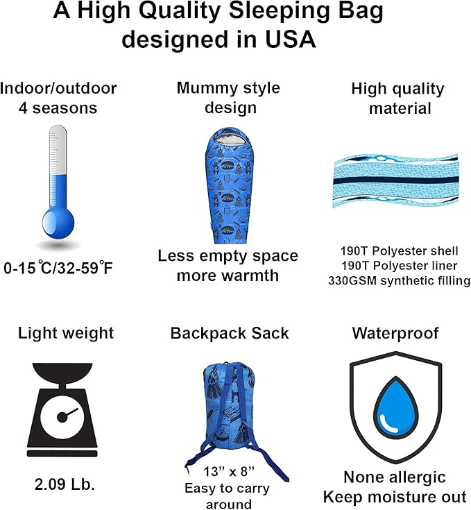 KidzAdventure Mummy Style 32 – 59F Kids Sleeping Bag with Pillow Sleeve, 4 Season, Lightweight and Backpacking Style, Ideal for Camping, Sleepover, Boys, Girls, Youth and Toddlers