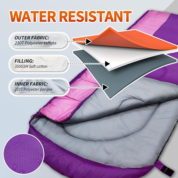 XL 10 Degree Sleeping Bags Waterproof for Adults 350GSM Machine Washable with Compression Sack for 3-4 Season Camping Outdoor