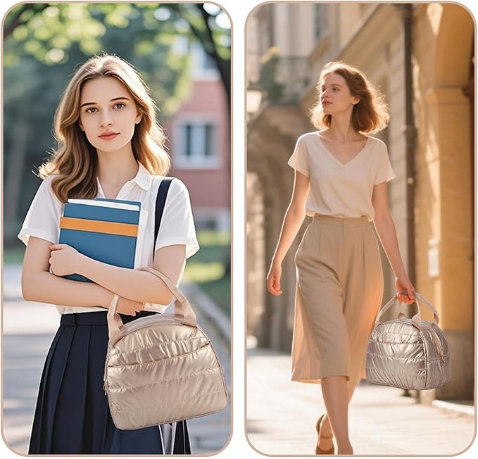 Lunch Bag Lunch Box for Women Men Adult Insulated Cute Small Quilted Puffer Lunchbox Reusable Thermal Lunch Cooler Tote Bag for Work, Picnic or Travel-Gold