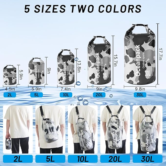 Waterproof Dry Bag 2L/5L/10L/20L/30L, Dry Sack for Kayaking Rafting Boating Beach Surfing Swimming, Camping, Hiking, Beach, Fishing Gray Backpack with Waterproof Phone Case