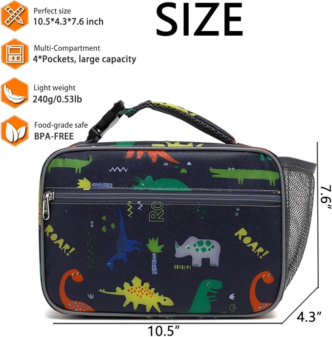 Insulated Lunch Box for School, Thermal Reusable Durable Freezable Lunch Bags for Kids Boys Girls Men Women - Small Soft Cooler Portable Lunch Tote Kit for Work Picnic Travel,Dinosaur
