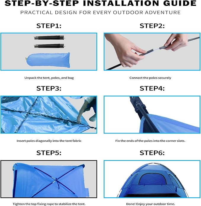 Beach Tent for 3-4 People, UPF50+ Sun Shelter with Breathable 3-Way Ventilation, 8.0mm Reinforced Fiberglass Poles, Portable Shade Canopy for Beach & Camping (Blue)