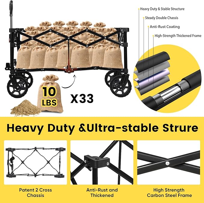 Sekey 330lbs Collapsible Foldable Wagon with Weight Capacity, Heavy Duty Folding Wagon Cart with Big All-Terrain Wheels & Drink Holders. Blue&Gray