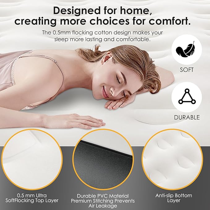 16" Air Mattress Queen with Built in Pump,Portable Full Blow up Mattress with Carry Bag, Comfort Flocked Airbed Inflatable Mattress for Guests,Camping