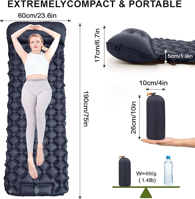 Ultralight Inflatable Camping Sleeping Pad – Compact Built-in Pillow,Waterproof & Durable –Connects to Double Bed and Ideal for Camping, Hiking & Outdoor Adventures