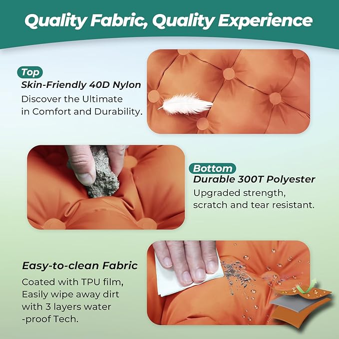 Sleeping Pad for Camping, Ultralight Inflatable Camping Mattress with Adjustable Pillow, Compact Sleeping Mat with Built-in Foot Pump, 4in Thick Air Mattress for Camping, Hiking-Orange