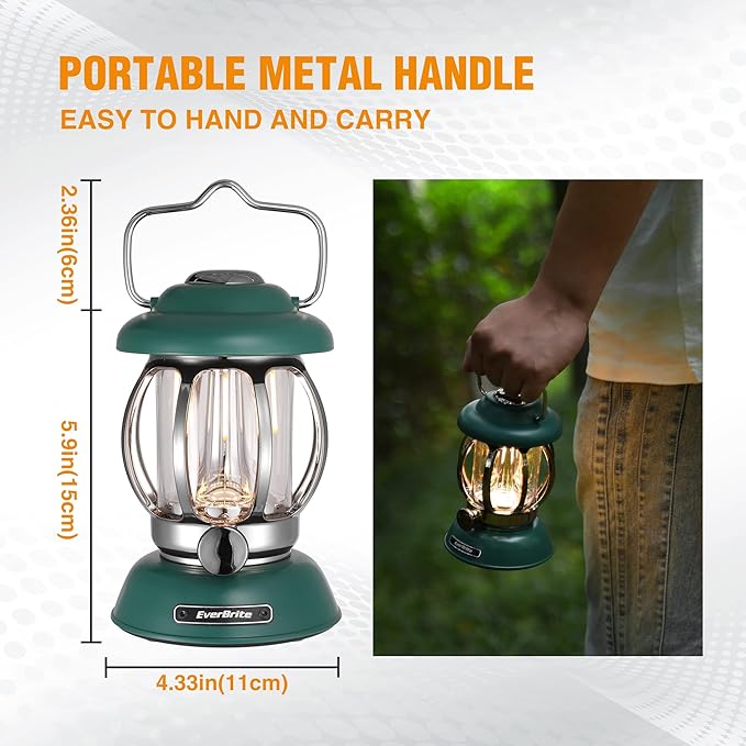 EverBrite Camping Lantern Rechargeable, Retro Metal Camping Light, 4400mAh Battery Powered Hanging Vintage Camping Lamp, 3 Light Modes, Outdoor Tent Light, Emergency Lantern for Power Outage - Green