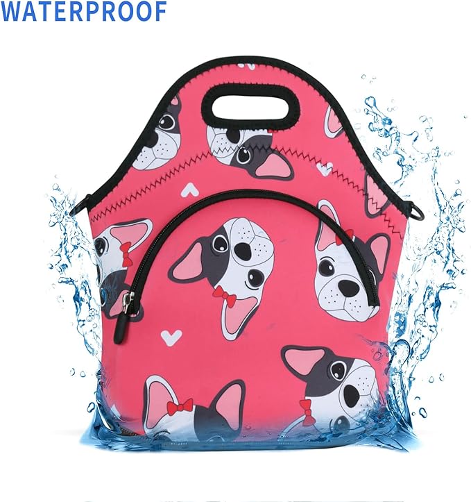 Violet Mist Neoprene Lunch Bag Reusable Insulated Lunch Box with Adjustable Shoulder Strap&Pocket for Women,Men,Adults,Cute Cartoon Dog Pink Snack Bags Anime Animal Work Picnic Travel Food Handbags