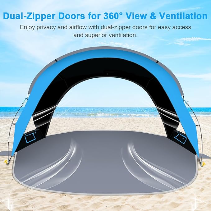 Gorich Beach Tent Sun Shelter with UPF50+ UV Protection for 3-6 Person, Lightweight & Portable Beach Shade Canopy with 2 Zippered Doors, Easy Setup Family Beach Umbrella