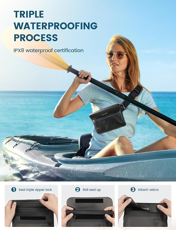 Lamicall Waterproof Fanny Pack, Cruise Essentials 2025 - [Elastic Waist Strap] Dry Bag Pouch, Travel, Boat, Paddle, Kayak, Beach, Swimming Accessories, 8.7” for iPhone 16 15 14 13 Pro Max, Galaxy