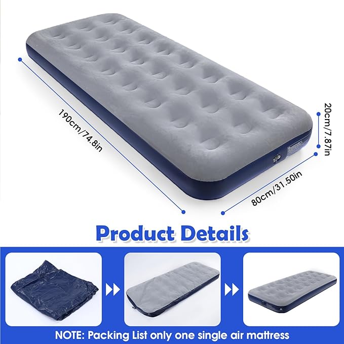 Camping Air Mattress Inflatable Air Bed Flocked Surface Travel Bed Sleeping Pad Air Bed for Outdoor Camping Tent Guest Travelling（Navy Blue,2 PCS）