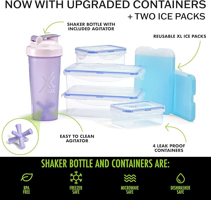 Fit & Fresh JAXX Meal Prep Lunch Box With Containers, Ice Pack, and Shaker Bottle For Men and Women, 9pc. Meal Prep Kit Lunch Bag With Containers Included