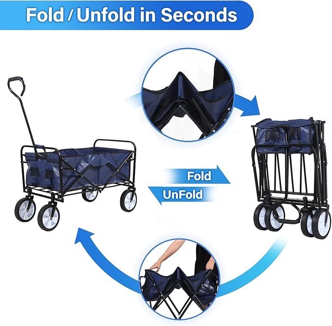 YSSOA Rolling Collapsible Garden Cart Camping Wagon, with 360 Degree Swivel Wheels & Adjustable Handle, 220lbs Weight Capacity,Blue