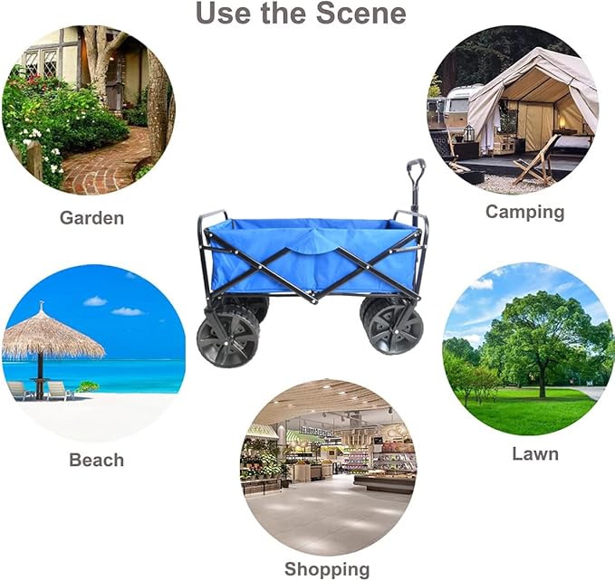 Collapsible Folding Wagon Garden Shopping Beach Cart,Heavy Duty Utility Buggy with Big Wheels,Adjustable Handle and Cup Holder,for Sand,Camping,Outdoor,40.55",Blue