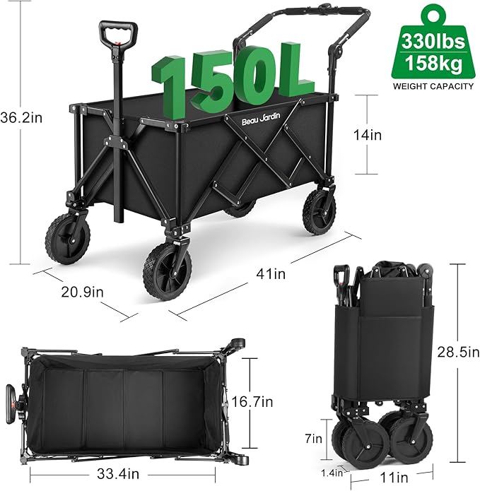 BEAU JARDIN Collapsible Folding Push Pull Wagon Cart 330lbs Heavy Duty 150L Foldable Garden Cart with All Terrain Wheels Portable Utility Wagon Cart for Camping Fishing Sports Shopping Black