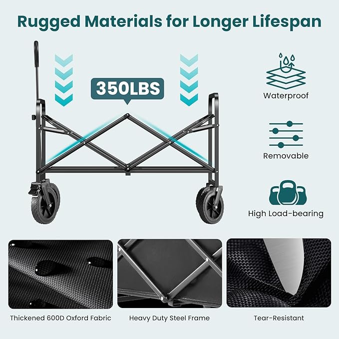 Collapsible Wagon Cart Foldable, 35" L Folding Beach Wagon with All-Terrain Wheels, Heavy Duty Shopping Cart with 350lbs Large Capacity, Portable Camping Wagons Carts for Grocery Garden, Black