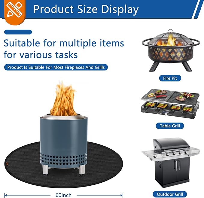 Round Under Grill Mat for Outdoor Grill, 60 Inch Anti-Slip BBQ Floor Mats, Easy to Clean Reusable Fireproof Grill Pad, Oil-Proof Waterproof Protector for Deck Fireplace Pit Mat Black