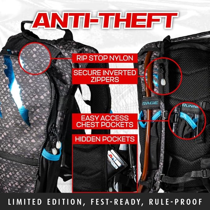 RAVERUNNER® Dino Festival Water Backpack - Dual Chamber Hydration - 3L Insulated Water Backpack for Raves, Festivals, Hiking, Running - Festival Hydration Pack for Hydration Backpack Rave