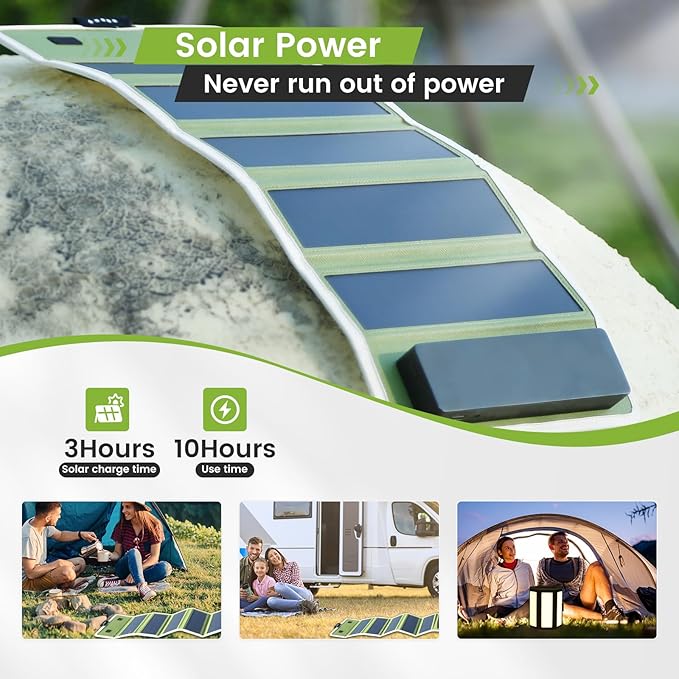 5200mAh Solar Camping Lantern & Power Bank - 10W Fast Solar Charger, IPX4 Waterproof LED Emergency Light with USB/Type-C, 10H Runtime for Camping, Hiking, Power Outages (Green)
