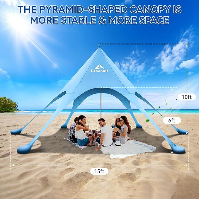 Beach Tent Sun Shelter & Portable Beach Canopy UPF 80+ UV Protection, Beach Shade Canopy with 6 Sandbags, Sand Shovel Ground Pegs for Outdoor Camping, Picnics (12x12ft, Sky Blue)