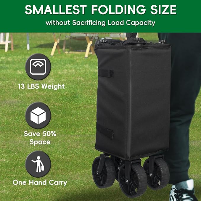 Collapsible Wagon, Portable Folding Wagons Carts with Wheels Foldable, 330lbs Heavy Duty Beach Wagon Outdoor Utility Cart with Dual Side Zipper, Cup Holders for Grocery Camping Garden Sports