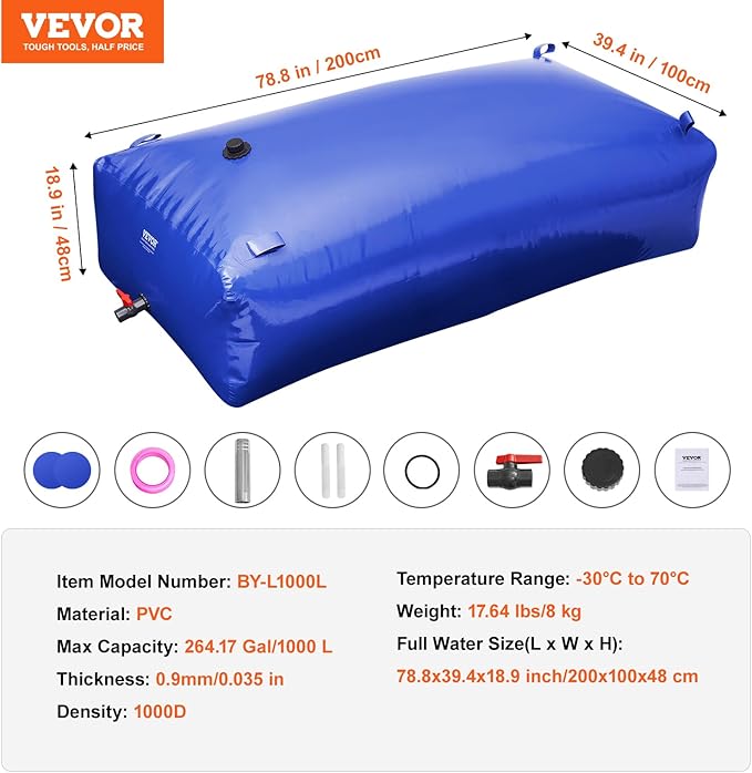 VEVOR 1000L/264 Gallon Water Storage Bladder, RV Water Tank, 1000D Blue PVC Collapsible Water Storage Containers, Large Capacity Soft Water Bag, Portable Water Bladder, for Garden Irrigation, Camping