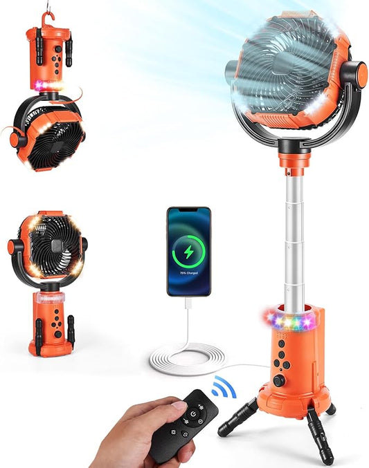 Odoland 20000mAh Camping Fan with Lantern, 360° Oscillation Table Fan with Remote & Hook, Rechargeable Battery Operated Outdoor Power Fan with Light for Camp, Family Travel and Jobsite, Orange