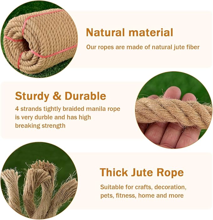 Thick Twisted Manila Ropes 1.5Inch×50ft Natural Jute Rope Heavy Duty Hemp Rope for Swing Bed, Crafts, Railing, Tug of War, Landscaping, Gardening, Bundling, Hammock, Home Decorating