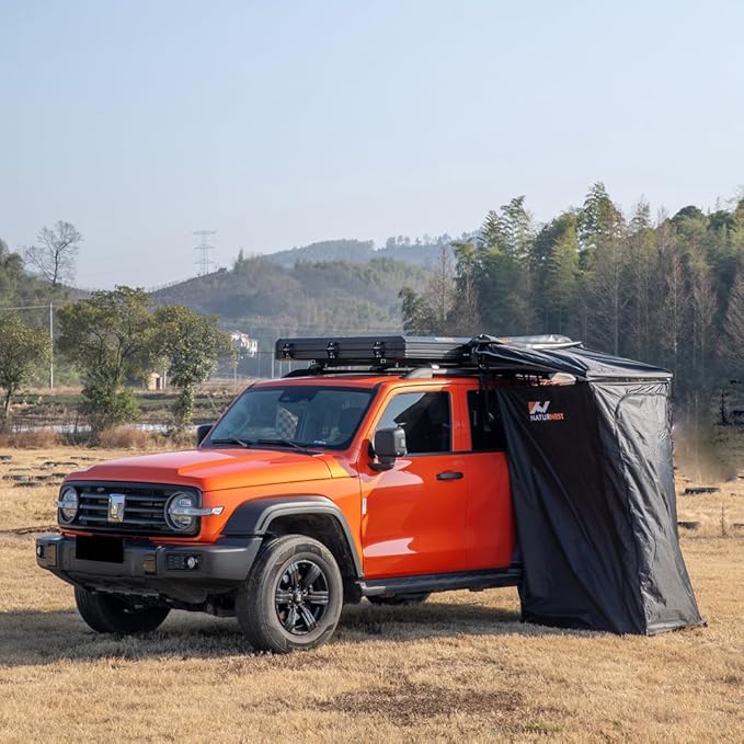 Car Side Shower Room Roof Top Popup Toilet Tent Privacy Protection Shower Tent Shower Awning with LED Strip Light for Camping Black