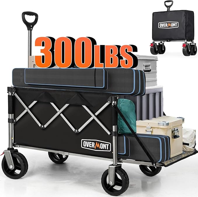 Overmont 200L Foldable Wagon Cart - 49.2" Extended Heavy Duty Collapsible Folding Utility Wagon with All-Terrain Big Wheels for Outdoor Camping Sports Garden Beach Grocery - 300lbs Support