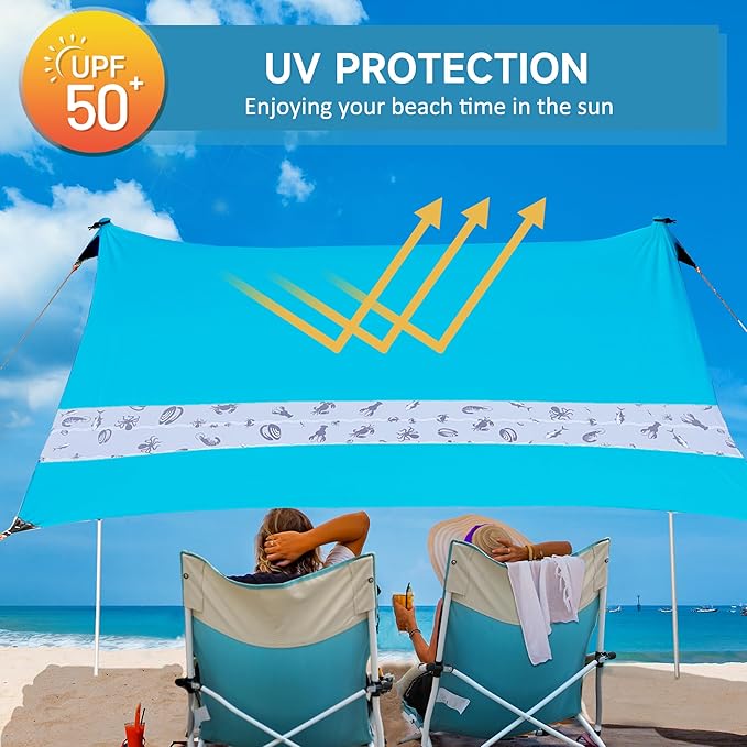 VILLEY Beach Tent Sun Shelter with UPF50+ Protection for 5 Person, 8x7FT Portable Sun Shade with 2 Stability Poles and 4 Sandbags, Outdoor Beach Canopy for Camping, Picnics, Fishing, Outdoors(Blue)
