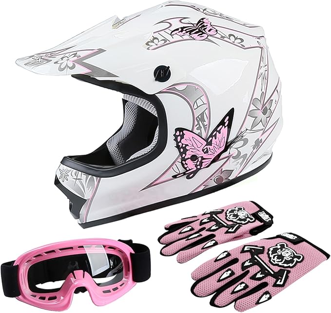 TCT-MOTORPARTS DOT Four Wheeler Girls Riding Helmets Youth Kids Motocross ATV Helmets Offroad Street Dirt Bike Go-Kart BMX MX Full Face Helmet Pink Butterfly Large Size