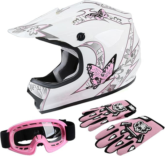 TCT-MOTORPARTS DOT Youth Kids Four Wheeler Girls Riding Helmets Motocross ATV Helmets Offroad Street Dirt Bike Go-Kart BMX MX Full Face Helmet Pink Butterfly X-Large Size