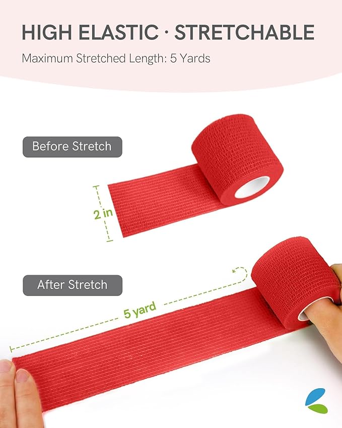 FriCARE Self Adhesive Bandage Wrap, Medical Tape in First Aid Kit, Cohesive Bandages for Wounds Sport Vet, FSA/HSA Eligible, 2 Inches X 5 Yards 6 Rolls, Red