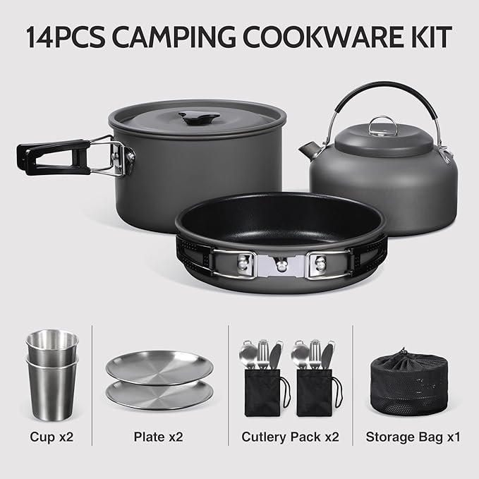 REDCAMP 12/14/15/19 PCS Camping Cookware Mess Kit Camping Gear Campfire Utensils Lightweight Stackable Pot Pan Bowls Soup Spoon with Storage Bag for Camping, Backpacking, Outdoor Cooking, Picnic