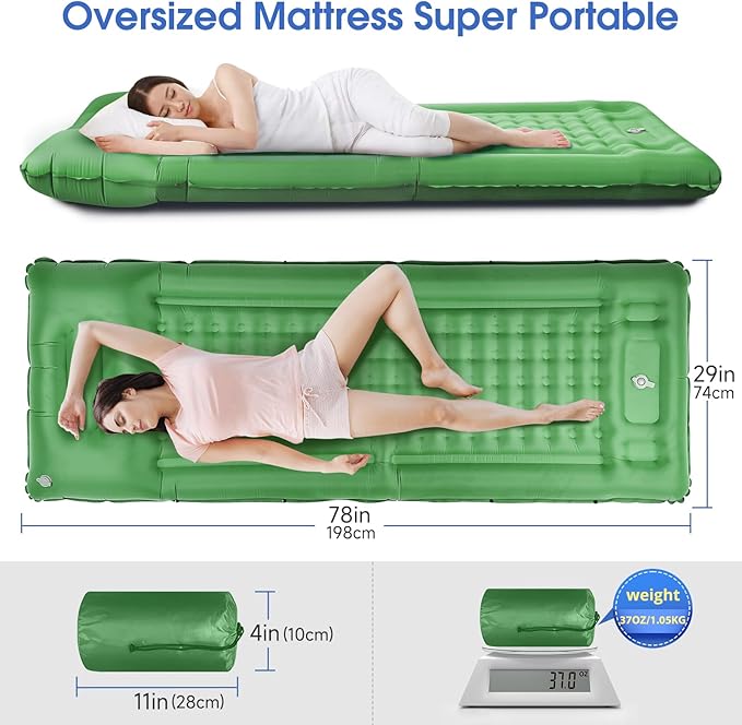 Camping Sleeping Pads，Extra Thick 5 Inch Inflatable Sleeping Mat with Pillow Built-in Pump，Oversized Mattress Super Portable Backpacking Sleeping Pad (Green, Single)