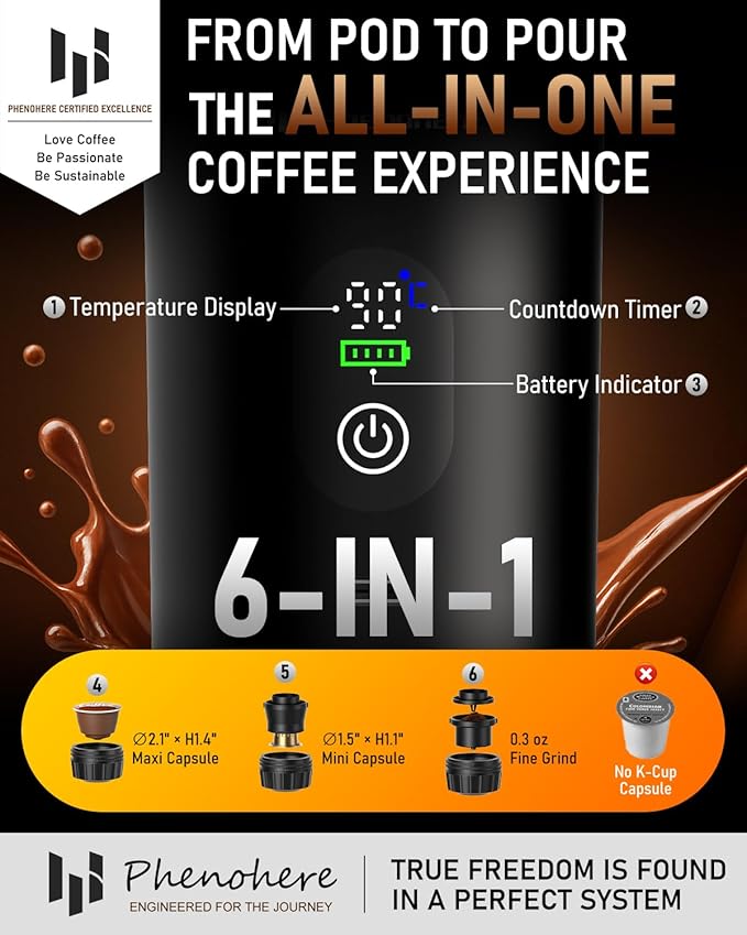 Portable Electric Espresso Machine–20Bar Self‑Heating travel coffee maker with 7500mA Battery (Midnight Black)