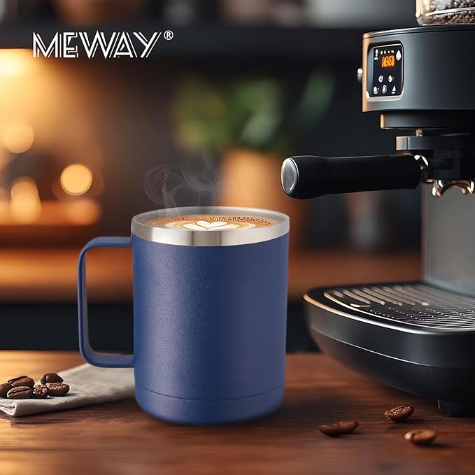 MEWAY 12oz Coffee Mug With Handle and Sliding Lid,Stainless Steel Travel Tumbler Cup with Handle,Double Wall Vacuum Insulated Camping Cup for Hot & Cold Drinks Tea (Navy,Set of 1