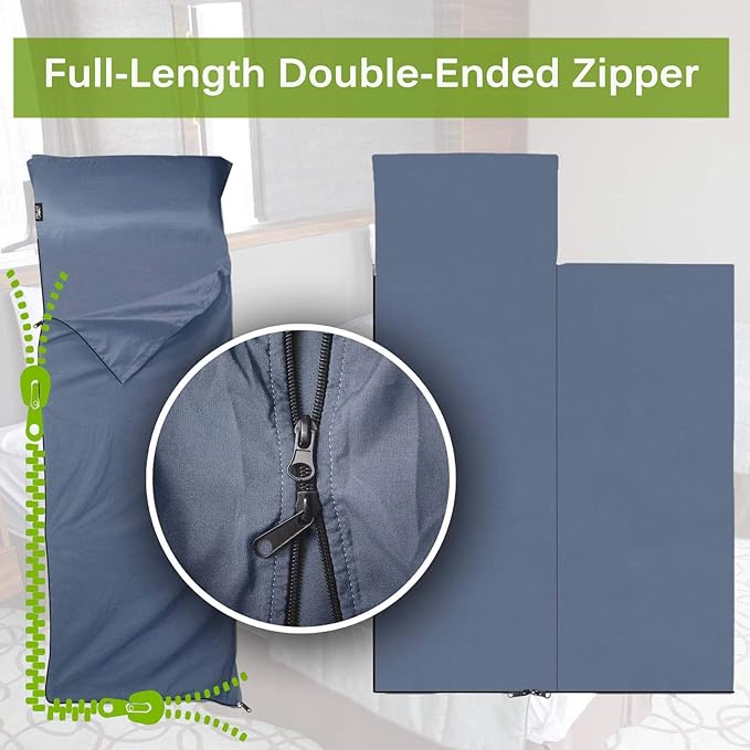 Frelaxy Sleeping Bag Liner, XL Travel Sheet & Camping Sheet for Backpacking, Hotel, Hostels & Traveling, Comfy & Easy Care, Full-Length Zipper/No Zipper