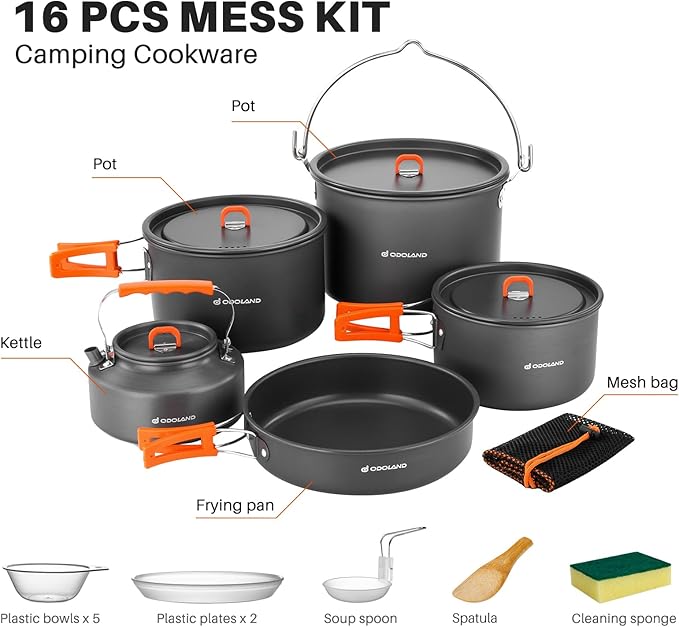 Odoland 18pcs Camping Cookware Large Size Hanging Pot Pan Kettle Set with Plastic Plates Bowls Soup Spoon for Camping, Backpacking, Outdoor Cooking and Picnic