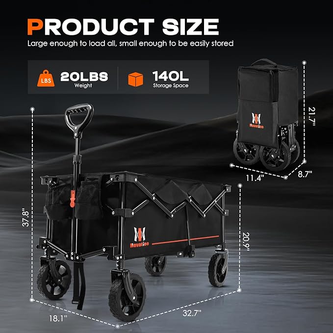 Navatiee 140L Collapsible Folding Wagon, Large Capacity Foldable Wagon with Silent All-Terrain Wheels, Utility Grocery Cart for Camping Shopping Outdoor, Black
