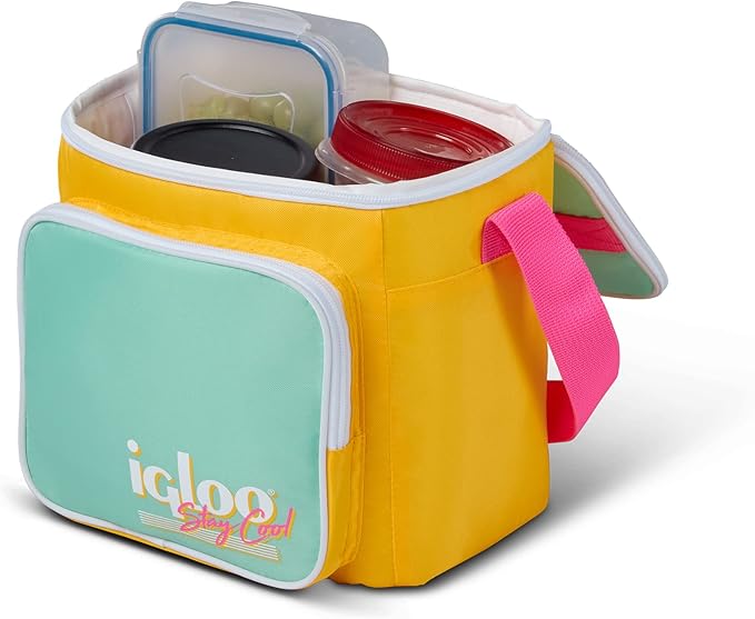 Igloo Retro 90s Lunch Coolers, Insulated Lunch Bag, Square Lunch Box Cooler with Front Pocket & Adjustable Strap