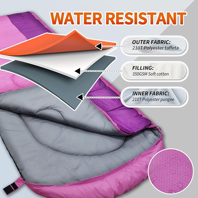 XL 10 Degree Sleeping Bags Waterproof for Adults 350GSM Machine Washable with Compression Sack for 3-4 Season Camping Outdoor
