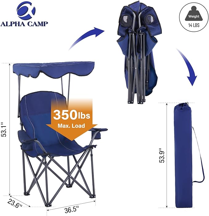 ALPHA CAMP Oversized Camping Chair with Shade Canopy, Folding Lawn Chairs