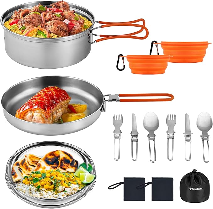 KingCamp Camping Cookware, Lightweight Cook Set Non-Stick Stainless Steel Essentials Mess Kit with Pot Pan Cups Plates Forks Knives Spoons for Camping Backpacking Outdoor Picnic