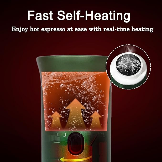 LumoShine Portable Espresso Machine, Mini Espresso Maker, Self Heating Coffee Maker Compatible with Ground Coffee, Capsule for Camping RV Hiking Outdoor Travel Green
