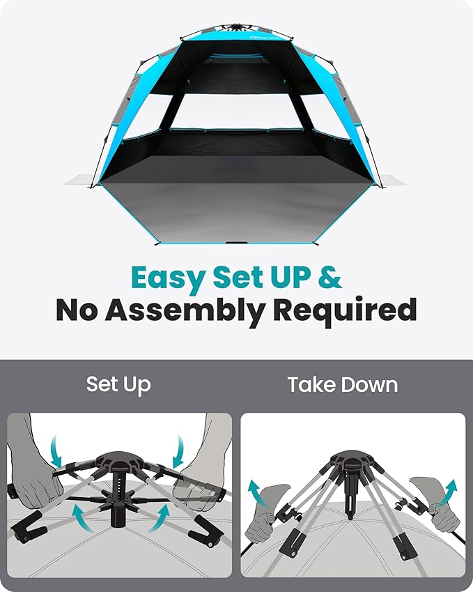 OutdoorMaster Beach Tent with Blackout Shelter Technology, Portable Beach Shade Sun Shelter Canopy for 4-6 Person with UPF 50+ UV Protection, Easy Setup Pop Up Tent Family Size