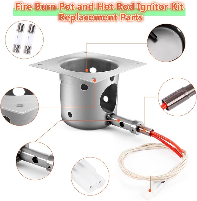 QuliMetal Fire Burn Pot and Hot Rod Ignitor Kit Replacement Parts for Traeger and Pit Boss Pellet Grills - Heavy Duty Fire Pot and Hot Rod/Grill Igniter with Ash Remover, Screws and Fuse